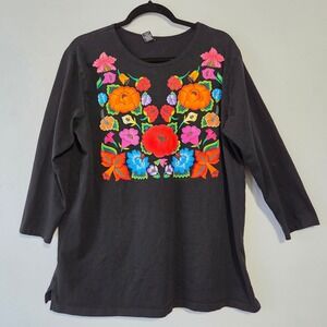 Sabaku Artwear Graphic Top Women L Black Floral 3/4 Cotton USA Boho Artsy Casual